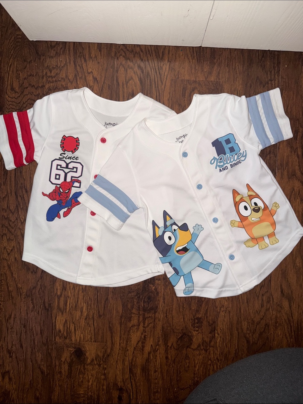 Bundle: Kids' White Baseball-Style Shirt with Bluey & Spider-Man Designs